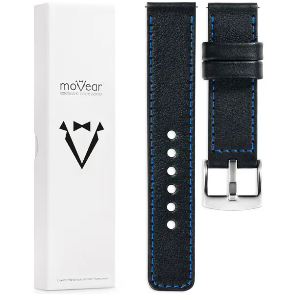 Zawartość zestawu moVear do zegarka / smartwatcha Co zawiera oryginalne opakowanie paska do zegarka / smartwatcha - moVear Prestige C1 24mm Czarny, niebieskie przeszycie do zegarka / smartwatcha
