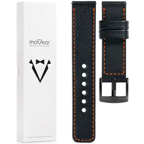 Zawartość zestawu moVear do zegarka / smartwatcha Co zawiera oryginalne opakowanie paska do zegarka / smartwatcha - moVear Prestige C1 18mm Czarny, ciemnopomarańczowe przeszycie do zegarka / smartwatcha