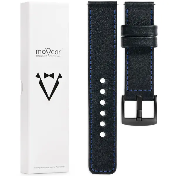 Zawartość zestawu moVear do zegarka / smartwatcha Co zawiera oryginalne opakowanie paska do zegarka / smartwatcha - moVear Prestige C1 22mm Czarny, granatowe przeszycie do zegarka / smartwatcha