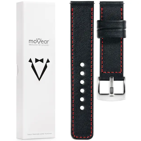 Zawartość zestawu moVear do zegarka / smartwatcha Co zawiera oryginalne opakowanie paska do zegarka / smartwatcha - moVear Prestige C1 26mm Czarny, czerwone przeszycie do zegarka / smartwatcha