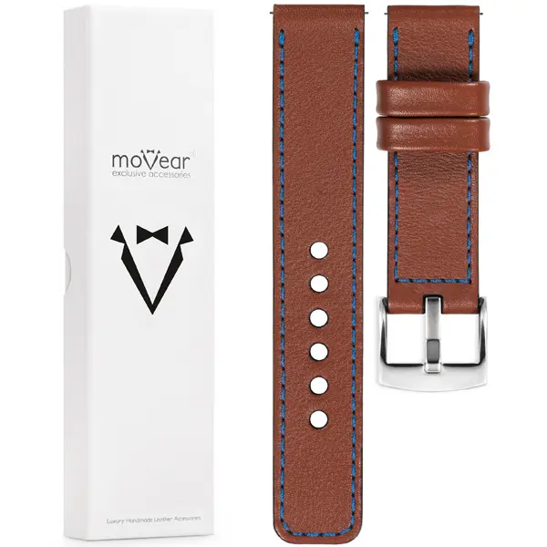 Zawartość zestawu moVear do zegarka / smartwatcha Co zawiera oryginalne opakowanie paska do zegarka / smartwatcha - moVear Prestige C1 18mm Brązowy, niebieskie przeszycie do zegarka / smartwatcha