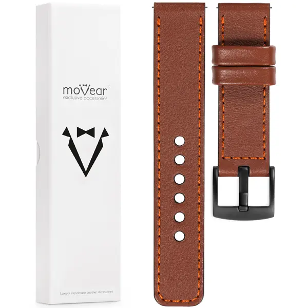 Zawartość zestawu moVear do zegarka / smartwatcha Co zawiera oryginalne opakowanie paska do zegarka / smartwatcha - moVear Prestige C1 20mm Brązowy, ciemnopomarańczowe przeszycie do zegarka / smartwatcha