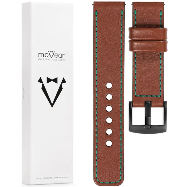 Zawartość zestawu moVear do zegarka / smartwatcha Co zawiera oryginalne opakowanie paska do zegarka / smartwatcha - moVear Prestige C1 20mm Brązowy, turkusowe przeszycie do zegarka / smartwatcha