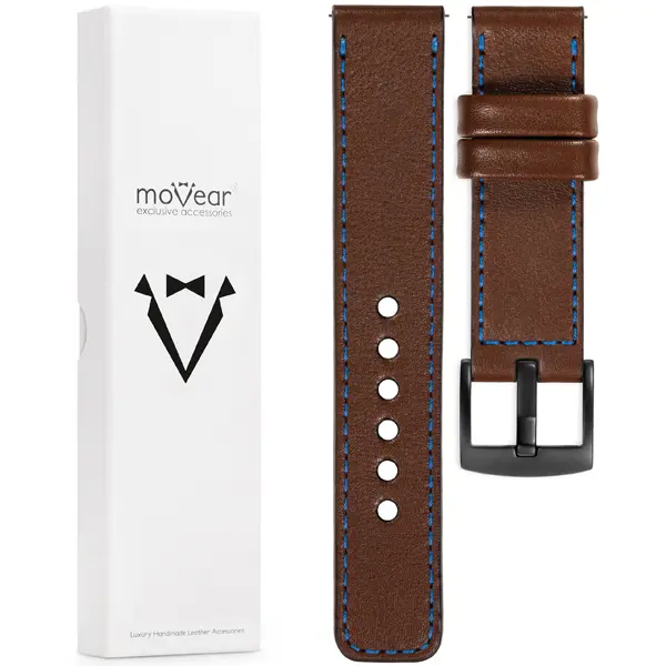 Zawartość zestawu moVear do zegarka / smartwatcha Co zawiera oryginalne opakowanie paska do zegarka / smartwatcha - moVear Prestige C1 20mm Ciemnobrązowy, niebieskie przeszycie do zegarka / smartwatcha