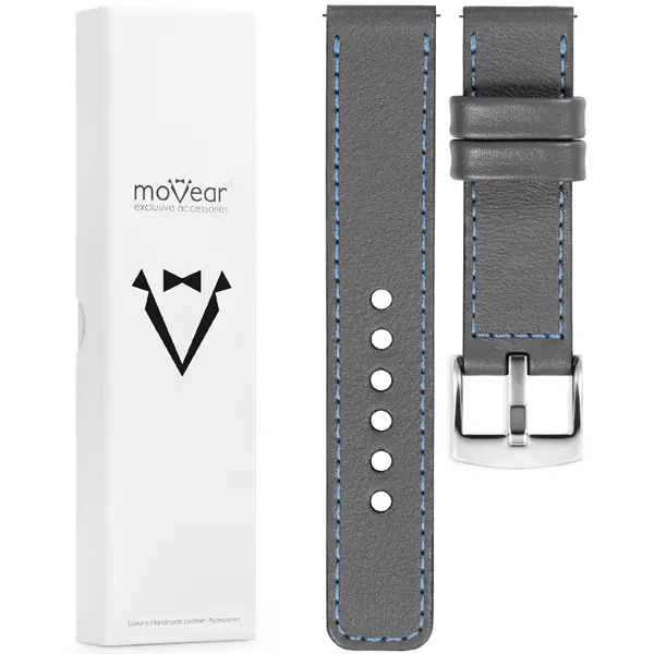 Zawartość zestawu moVear do zegarka / smartwatcha Co zawiera oryginalne opakowanie paska do zegarka / smartwatcha - moVear Prestige C1 18mm Szary, błękitne przeszycie do zegarka / smartwatcha