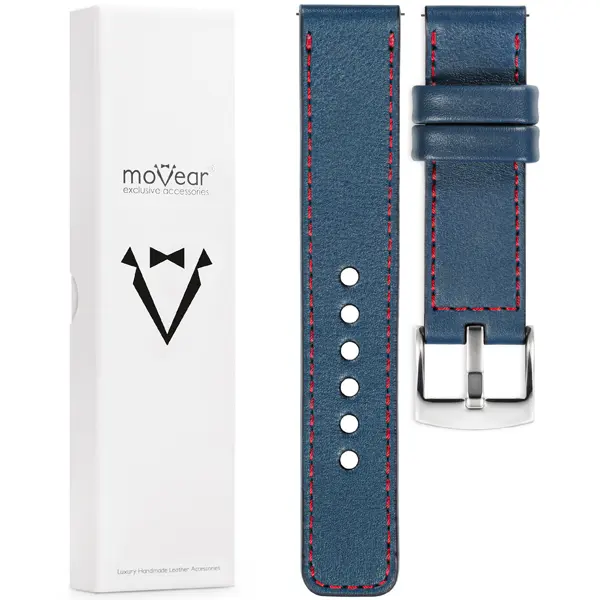 Zawartość zestawu moVear do zegarka / smartwatcha Co zawiera oryginalne opakowanie paska do zegarka / smartwatcha - moVear Prestige C1 19mm Niebieski jeans, czerwone przeszycie do zegarka / smartwatcha