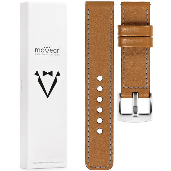 Zawartość zestawu moVear do zegarka / smartwatcha Co zawiera oryginalne opakowanie paska do zegarka / smartwatcha - moVear Prestige C1 26mm Jasnobrązowy, szare przeszycie do zegarka / smartwatcha
