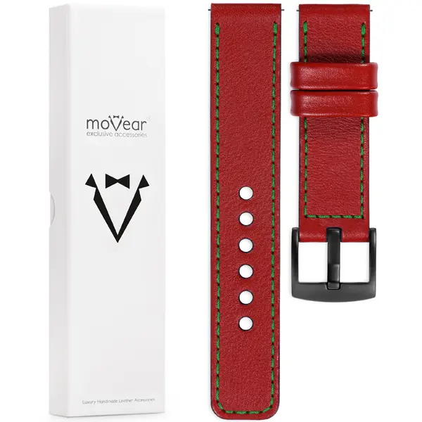Zawartość zestawu moVear do zegarka / smartwatcha Co zawiera oryginalne opakowanie paska do zegarka / smartwatcha - moVear Prestige C1 22mm Czerwony szkarłatny, zielone przeszycie do zegarka / smartwatcha