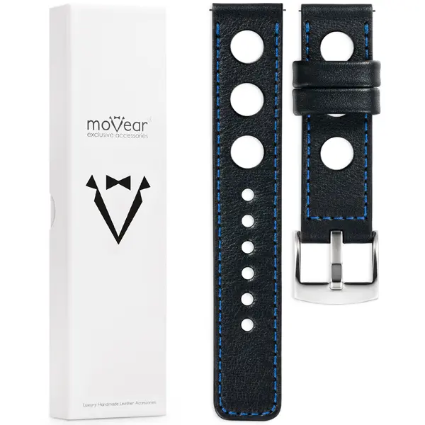 Zawartość zestawu moVear do zegarka / smartwatcha Co zawiera oryginalne opakowanie paska do zegarka / smartwatcha - moVear Prestige R1 24mm Czarny, niebieskie przeszycie do zegarka / smartwatcha