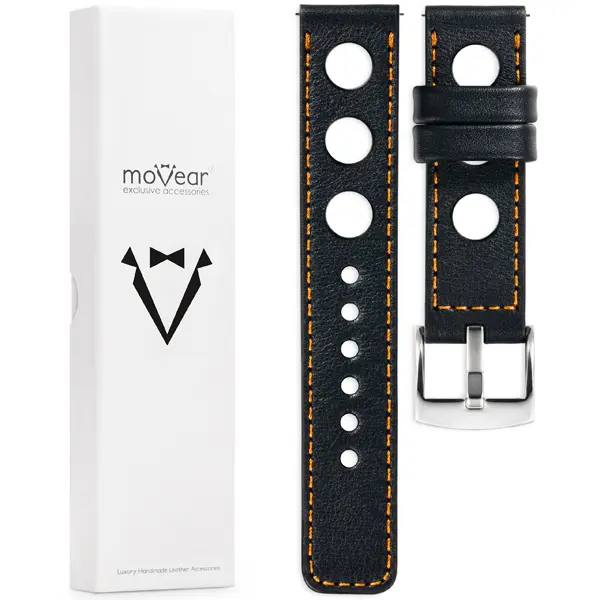Zawartość zestawu moVear do zegarka / smartwatcha Co zawiera oryginalne opakowanie paska do zegarka / smartwatcha - moVear Prestige R1 18mm Czarny, pomarańczowe przeszycie do zegarka / smartwatcha