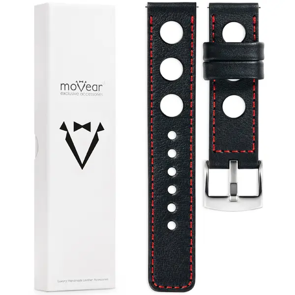Zawartość zestawu moVear do zegarka / smartwatcha Co zawiera oryginalne opakowanie paska do zegarka / smartwatcha - moVear Prestige R1 26mm Czarny, czerwone przeszycie do zegarka / smartwatcha