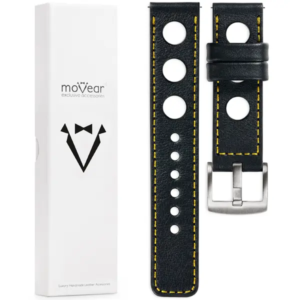 Zawartość zestawu moVear do zegarka / smartwatcha Co zawiera oryginalne opakowanie paska do zegarka / smartwatcha - moVear Prestige R1 20mm Czarny, żółte przeszycie do zegarka / smartwatcha