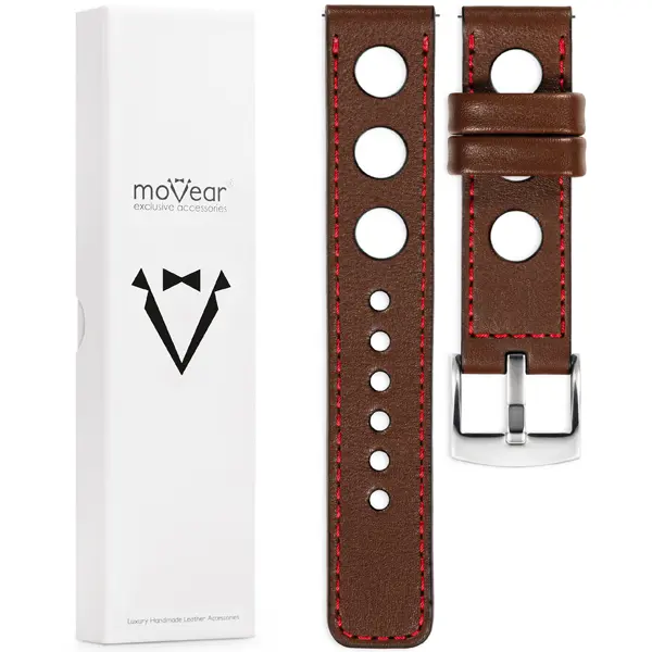 Zawartość zestawu moVear do zegarka / smartwatcha Co zawiera oryginalne opakowanie paska do zegarka / smartwatcha - moVear Prestige R1 26mm Ciemnobrązowy, czerwone przeszycie do zegarka / smartwatcha