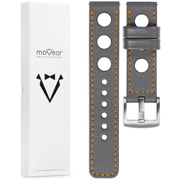 Zawartość zestawu moVear do zegarka / smartwatcha Co zawiera oryginalne opakowanie paska do zegarka / smartwatcha - moVear Prestige R1 26mm Szary, pomarańczowe przeszycie do zegarka / smartwatcha