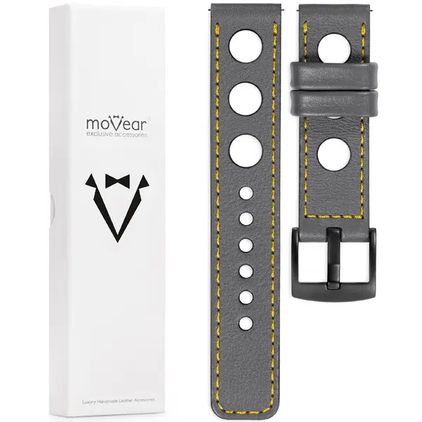 Zawartość zestawu moVear do zegarka / smartwatcha Co zawiera oryginalne opakowanie paska do zegarka / smartwatcha - moVear Prestige R1 24mm Szary, żółte przeszycie do zegarka / smartwatcha