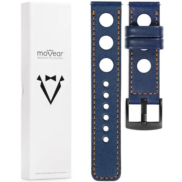 Zawartość zestawu moVear do zegarka / smartwatcha Co zawiera oryginalne opakowanie paska do zegarka / smartwatcha - moVear Prestige R1 20mm Granatowy, pomarańczowe przeszycie do zegarka / smartwatcha
