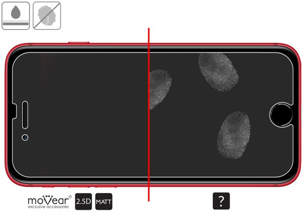 Zalety powierzchni oleofobowej szkła ochronnego moVear GLASS mSHIELD 2.5D MATT na iPhone SE 2022, SE 2020, 8, 7 (4.7 Powłoka oleofobowa na matowym szkle hartowanym moVear GLASS mSHIELD 2.5D MATT do Apple iPhone SE (2022 / 2020) / 8 / 7 z ekranem o przekątnej 4.7 cala