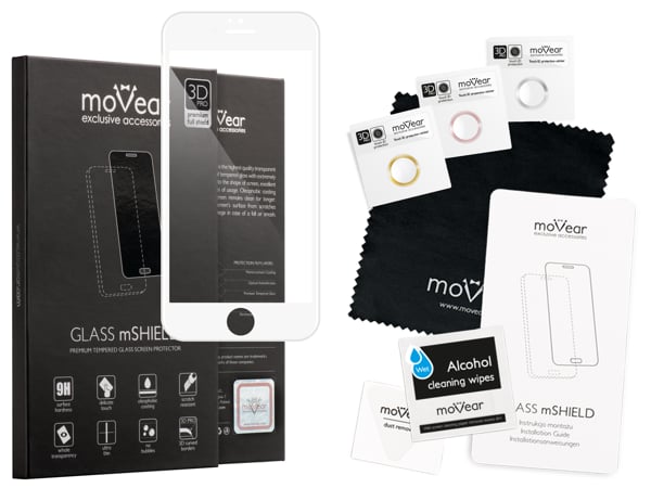 Zawartość zestawu moVear GLASS mSHIELD 3D PRO na iPhone 6 Plus / 6s Plus (5.5 Co zawiera oryginalne opakowanie szkła moVear GLASS mSHIELD 3D PRO do Apple iPhone 6/6s Plus (5.5