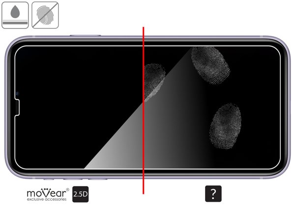 Zalety powierzchni oleofobowej szkła ochronnego moVear GLASS mSHIELD 2.5D na iPhone 11 / iPhone Xr (6.1 Powłoka oleofobowa na matowym szkle hartowanym moVear GLASS mSHIELD 2.5D do Apple iPhone 11 / Xr z ekranem o przekątnej 6.1 cala