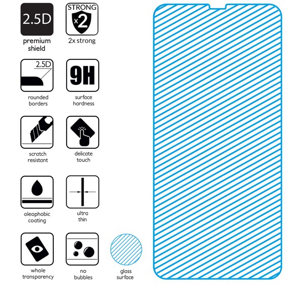Podsumowanie cech szkła hartowanego moVear GLASS mSHIELD 2.5D na Apple iPhone 11 / Xr z ekranem o przekątnej 6.1 cala Najnowsze technologie w szkle hartowanym dla GLASS mSHIELD 2.5D do Apple iPhone 11 / Xr. Ikony cech.