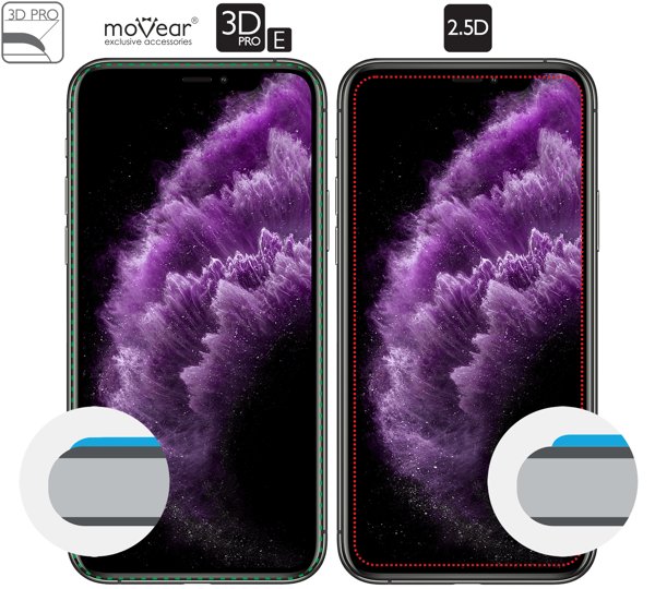 Opis graficzny krawędzi 3D PRO-E szkła hartowanego moVear GLASS mSHIELD 3D PRO-E na iPhone 11 Pro Max / iPhone Xs MAX Zakrzywione krawędzie moVear GLASS mSHIELD 3D PRO-E szkła chronią cały ekran iPhone 11 Pro Max / iPhone Xs MAX (6.5