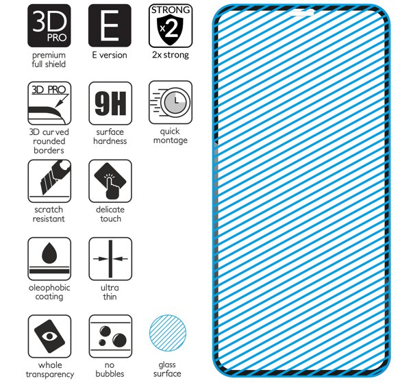 Podsumowanie cech szkła hartowanego moVear GLASS mSHIELD 3D PRO-E na Apple iPhone 11 Pro Max / Xs MAX z ekranem o przekątnej 6.5 cala Najnowsze technologie w szkle hartowanym dla GLASS mSHIELD 3D PRO-E do iPhone 11 Pro Max / iPhone Xs MAX (6.5
