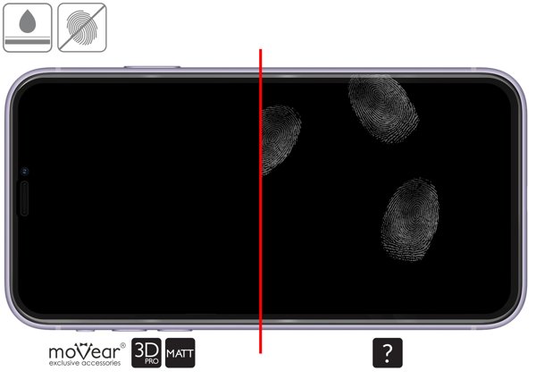 Zalety powierzchni oleofobowej szkła ochronnego moVear GLASS mSHIELD 3D PRO MATT na Apple iPhone 11 Pro Max / Xs MAX (6.5 Powłoka oleofobowa na matowym szkle hartowanym moVear GLASS mSHIELD 3D PRO MATT do Apple iPhone 11 Pro Max / Xs MAX z ekranem o przekątnej 6.5 cala