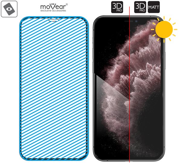 Obszar szklanej powierzchni mARG™ moVear GLASS mSHIELD 3D PRO MATT na Apple iPhone 11 Pro Max / Xs MAX (6.5 Prawdziwe szkło znajduje się na całej powierzchni protektora moVear GLASS mSHIELD 3D PRO MATT do Apple iPhone 11 Pro Max / Xs MAX (6.5