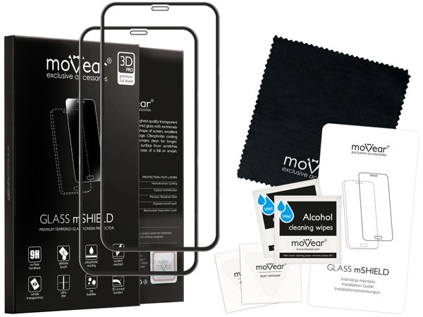 Zawartość zestawu moVear GLASS mSHIELD 3D PRO MATT na iPhone 11 Pro Max / iPhone Xs MAX Co zawiera oryginalne opakowanie szkła moVear GLASS mSHIELD 3D PRO MATT do iPhone 11 Pro Max / iPhone Xs MAX: