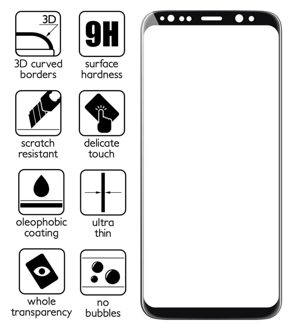 Podsumowanie cech szkła hartowanego moVear GLASS mSHIELD 3D na Samsung Galaxy S8+ (Plus) z ekranem o przekątnej 6.2 cala Najnowsze technologie w szkle hartowanym dla GLASS mSHIELD 3D do Galaxy S8+ Plus. Ikony cech.