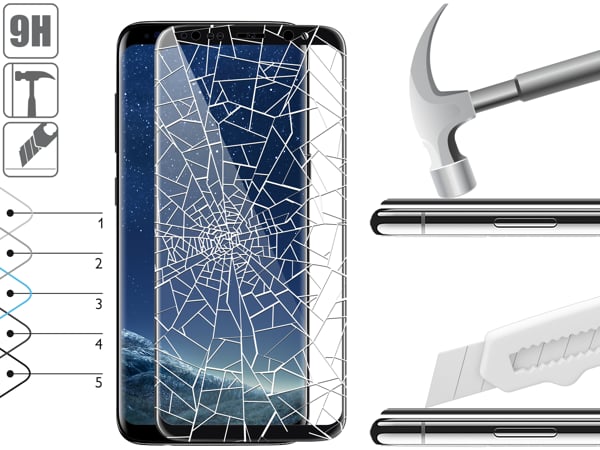 Budowa i wytrzymałość szkła hartowanego moVear GLASS mSHIELD 3D na Samsung Galaxy S8+ Wytrzymałe szkło moVear GLASS mSHIELD 3D ochroni ekran Twojego Samsung S8+. Wizualizacja warstw i powłok produktu.