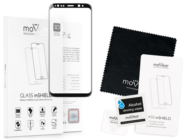 Zawartość zestawu moVear GLASS mSHIELD 3D na Samsung Galaxy S8+ Co zawiera oryginalne opakowanie szkła moVear GLASS mSHIELD 3D do Samsung S8+ (6.2