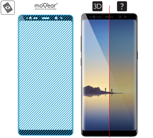 Obszar szklanej powierzchni GLASS mSHIELD 3D na Galaxy Note 8 Prawdziwe szkło znajduje się na całej powierzchni protektora moVear GLASS mSHIELD 3D do Samsung Note 8.