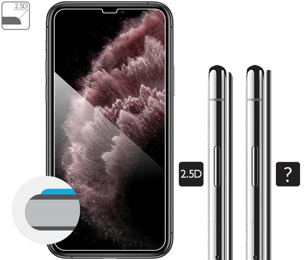 Opis graficzny krawędzi 2.5D szkła hartowanego moVear GLASS mSHIELD 2.5D na iPhone 11 Pro Max / iPhone Xs MAX (6.5 Zaokrąglone bezpieczne krawędzie 2.5D szkła moVear dla iPhone 11 Pro Max / iPhone Xs MAX.