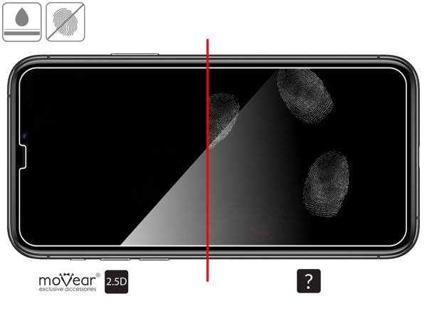 Zalety powierzchni oleofobowej szkła ochronnego moVear GLASS mSHIELD 2.5D na iPhone 11 Pro Max / iPhone Xs MAX Powłoka oleofobowa na matowym szkle hartowanym moVear GLASS mSHIELD 2.5D do Apple iPhone 11 Pro Max / Xs MAX z ekranem o przekątnej 6.5 cala