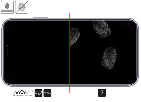 Zalety powierzchni oleofobowej szkła ochronnego moVear GLASS mSHIELD 2.5D MAX privacy na iPhone 11 / iPhone Xr Powłoka oleofobowa na matowym szkle hartowanym moVear GLASS mSHIELD 2.5D MAX privacy do Apple iPhone 11 / Xr z ekranem o przekątnej 6.1 cala