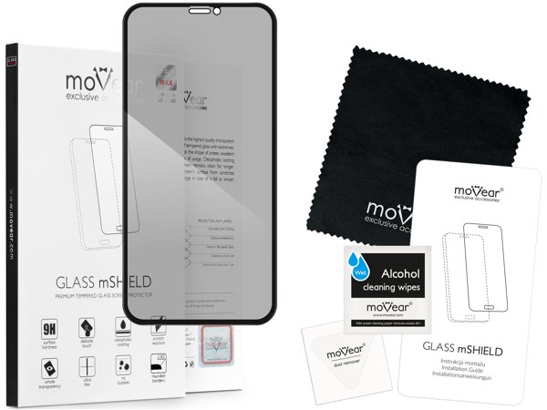 Zawartość zestawu moVear GLASS mSHIELD 2.5D MAX privacy na Apple iPhone 11 / Xr Co zawiera oryginalne opakowanie szkła moVear GLASS mSHIELD 2.5D MAX privacy do Apple iPhone 11 / Xr: