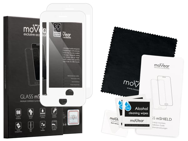 Zawartość zestawu moVear GLASS mSHIELD 3D PRO na iPhone 6s / 6 Co zawiera oryginalne opakowanie szkła moVear GLASS mSHIELD 3D PRO do iPhone 6s / 6: