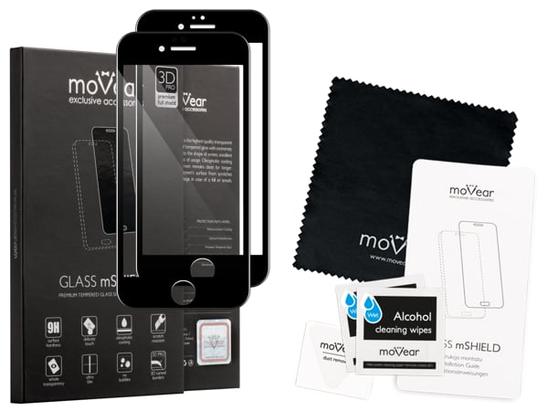 Zawartość zestawu moVear GLASS mSHIELD 3D PRO na Apple iPhone 6 Plus / 6s Plus (5.5 Co zawiera oryginalne opakowanie szkła moVear GLASS mSHIELD 3D PRO do iPhone 6 Plus / 6s Plus: