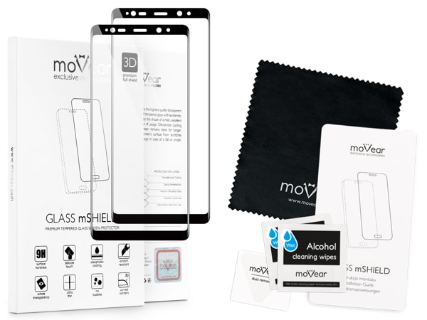 Zawartość zestawu moVear GLASS mSHIELD 3D na Samsung Galaxy Note 8 (6.3 Co zawiera oryginalne opakowanie szkła moVear GLASS mSHIELD 3D do Samsung Note 8 (N950):