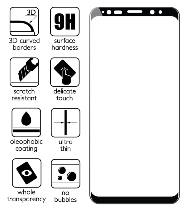 Podsumowanie cech szkła hartowanego moVear GLASS mSHIELD 3D na Samsung Galaxy S9+ (Plus) z ekranem o przekątnej 6.2 cala Najnowsze technologie w szkle hartowanym dla GLASS mSHIELD 3D do Samsung S9+ (G965). Ikony cech.
