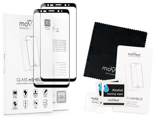 Zawartość zestawu moVear GLASS mSHIELD 3D na Samsung S9+ (G965) Co zawiera oryginalne opakowanie szkła moVear GLASS mSHIELD 3D do Samsung S9+ (G965):