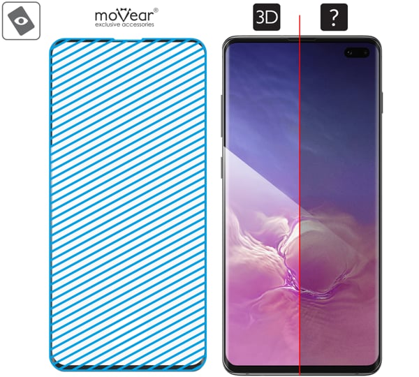 Obszar szklanej powierzchni mARG™ moVear GLASS mSHIELD 3D na Galaxy S10+ Prawdziwe szkło w technologii mARG™ znajduje się na całej powierzchni protektora moVear GLASS mSHIELD 3D do Samsung S10+.