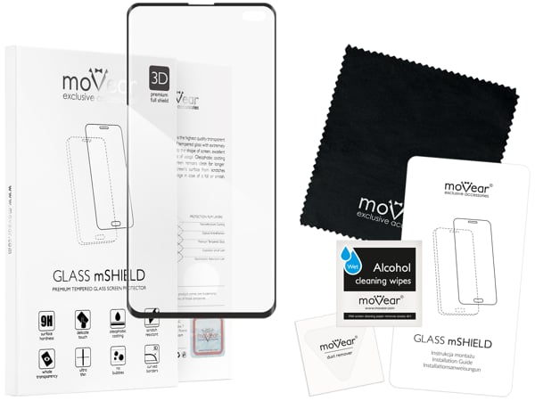Zawartość zestawu moVear GLASS mSHIELD 3D na Samsung S10+ (G975) Co zawiera oryginalne opakowanie szkła moVear GLASS mSHIELD 3D do Samsung Galaxy S10+ (G975):