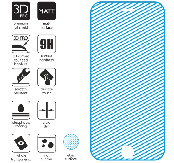 Podsumowanie cech szkła hartowanego moVear GLASS mSHIELD 3D PRO MATT na Apple iPhone 8 Plus / 7 Plus z ekranem o przekątnej 5.5 cala Najnowsze technologie w szkle hartowanym dla GLASS mSHIELD 3D PRO MATT do Apple iPhone 8/7 Plus (5.5