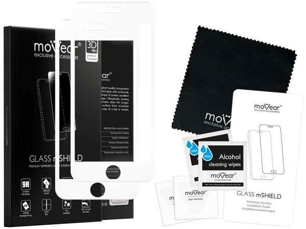 Zawartość zestawu moVear GLASS mSHIELD 3D PRO MATT na Apple iPhone 8/7 Plus Co zawiera oryginalne opakowanie szkła moVear GLASS mSHIELD 3D PRO MATT do iPhone 8 Plus / 7 Plus: