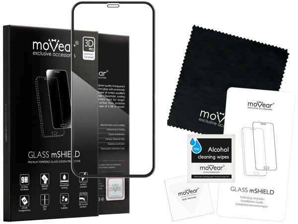 Zawartość zestawu moVear GLASS mSHIELD 3D PRO na iPhone 11 / iPhone Xr (6.1 Co zawiera oryginalne opakowanie szkła moVear GLASS mSHIELD 3D PRO do iPhone 11 / iPhone Xr: