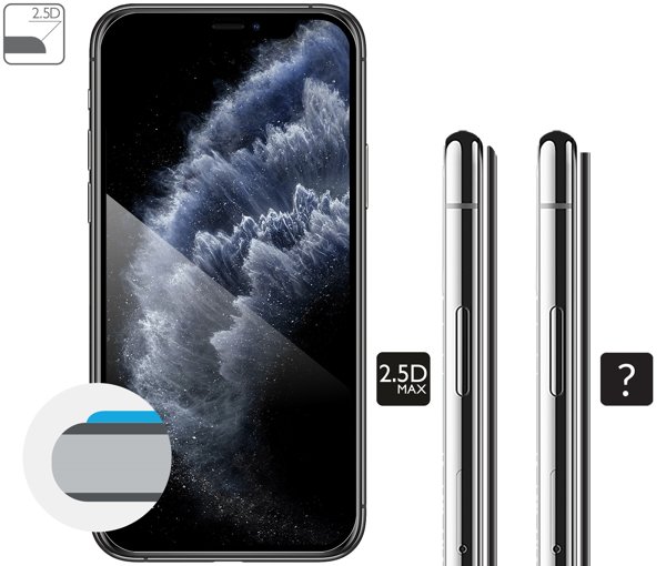 Opis graficzny krawędzi 2.5D MAX szkła hartowanego moVear GLASS mSHIELD 2.5D MAX na Apple iPhone 11 Pro / Xs / X (5.8 Zaokrąglone bezpieczne krawędzie 2.5D szkła moVear mSHIELD 2.5D MAX dla Apple iPhone 11 Pro / Xs / X (5.8