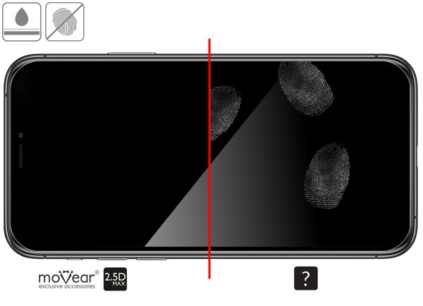 Zalety powierzchni oleofobowej szkła ochronnego moVear GLASS mSHIELD 2.5D MAX na Apple iPhone 11 Pro Max / Xs MAX (6.5 Powłoka oleofobowa na szkle hartowanym moVear GLASS mSHIELD 2.5D MAX do Apple iPhone 11 Pro Max / Xs MAX z ekranem o przekątnej 6.5 cala