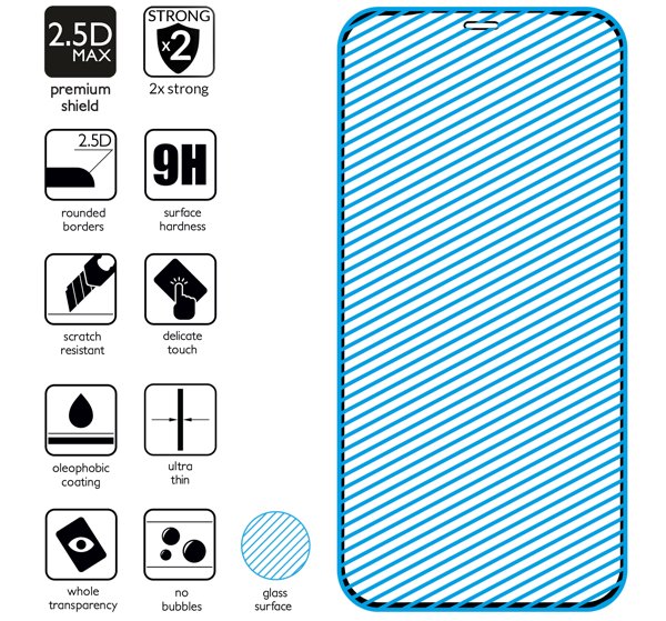 Podsumowanie cech szkła hartowanego moVear GLASS mSHIELD 2.5D MAX na Apple iPhone 11 Pro Max / Xs MAX z ekranem o przekątnej 6.5 cala Najnowsze technologie w szkle hartowanym dla GLASS mSHIELD 2.5D MAX do iPhone 11 Pro Max / iPhone Xs MAX (6.5